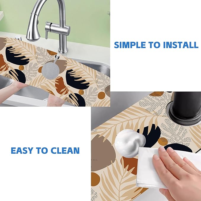 Boho Tropical Leaves Kitchen Sink Splash Guard Mat Absorbent Fast Drying Mat Faucet Draining Mat Sink Splash Guard Behind Faucet Drip Catcher for Kitchen Bathroom 5.5"×24"