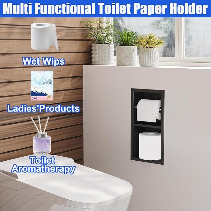 Recessed Toilet Paper Holder, 304 Stainless Steel Tissue Paper Holder, in Wall Tissue Toilet Roll Holder with Storage for Toilet, Bathroom, Kitchen & Hotel, 13.4″x7″x 6″, Matte Black