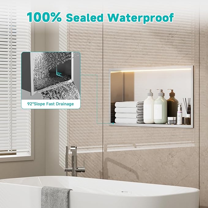 Stainless Steel Shower Niche with LED Lights 12" x 24" Recessed Wall Niche, No Tile Needed Bathroom Storage Shelf (Brushed)