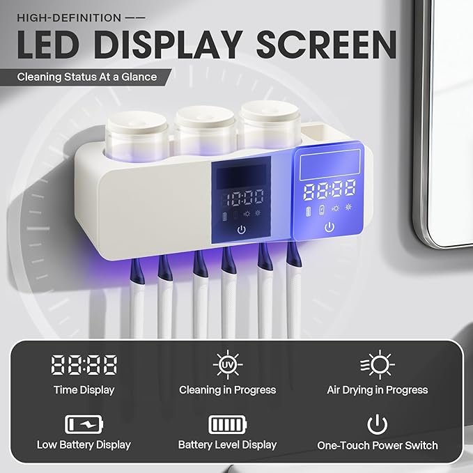Wall-Mounted Smart Toothbrush Holder with Drying Function,Washroom Toothbrush Clean Holder No Drilling Required, with 3 Cups for Family (White)