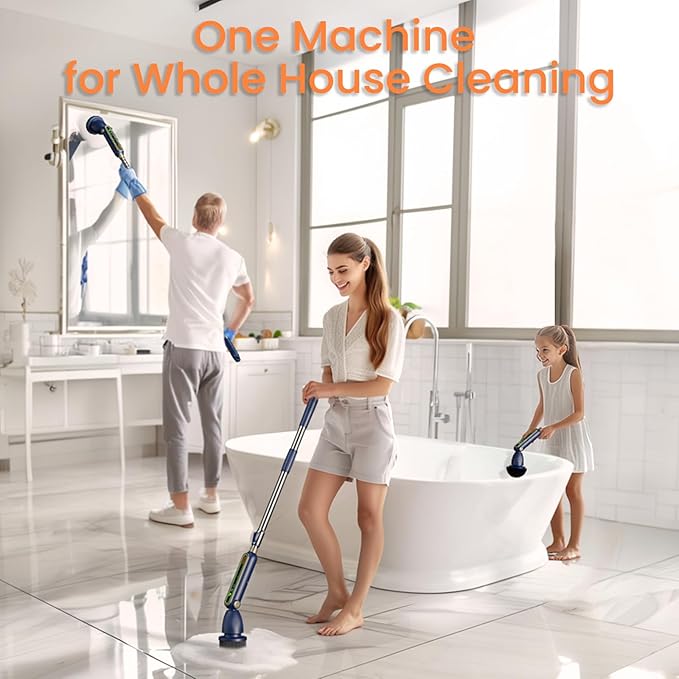 Electric Spin Scrubber 16 in 1 Cleaning Brush with Adjustable Angles & Heads, Bathroom Power Scrubber with Extendable Handle, Interactive LED, Cleaning Supplies for Toilet,Kitchen,Shower-Blue