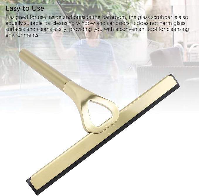 Shower Squeegee for Glass Doors, Stainless Steel and Silicone Shower Squeegee with Hook for Bathroom Mirrors and Window (Gold)