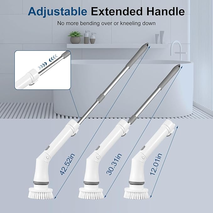 Electric Spin Scrubber, 2 Speed Adjustable Cordless Cleaning Brush with 6 Replaceable Heads, Waterproof Electric Telescopic Brush for Cleaning Bathroom, Tub and Tile Floor