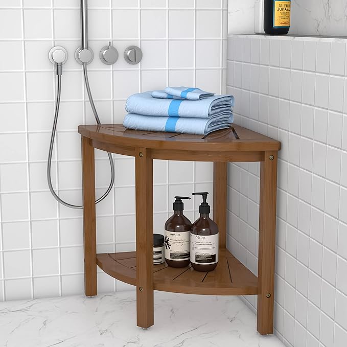 Zhuoyue Bamboo Corner Shower Stool Bench Waterproof with Storage Shelf, for Shaving Legs or Seat in Bathroom & Inside Shower