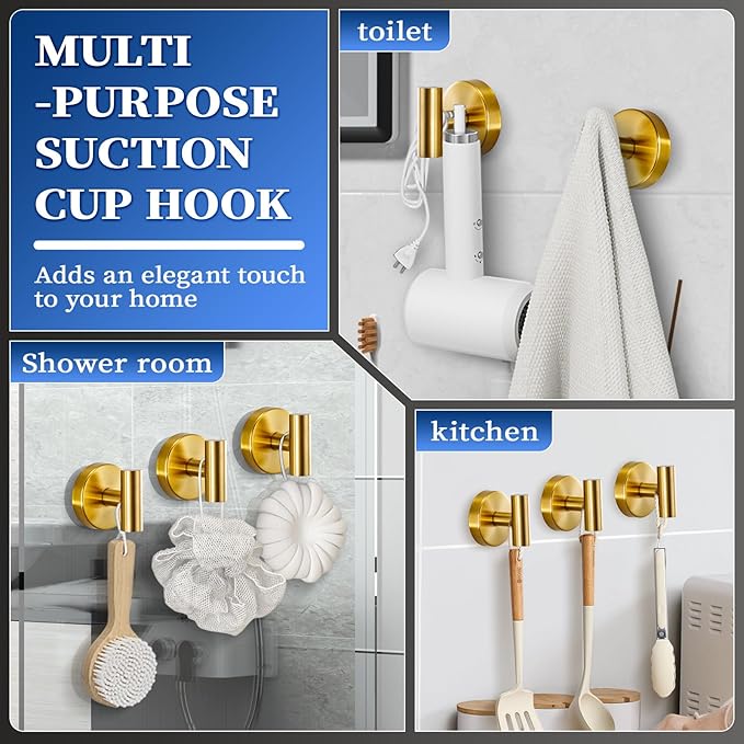 Suction Cup Hooks No Drill Stainless Steel Shower Hooks Towel Hook Robe Hook Heavy Duty on Smooth and Non-Porous Surfaces in Bathrooms Kitchen Bedroom (2, Brushed Gold)
