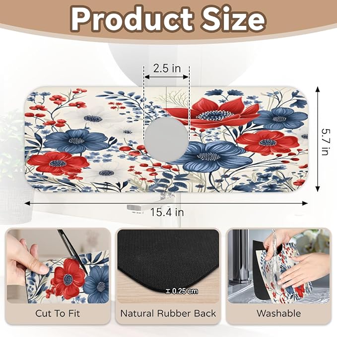 Patriotic Bloom Burst Kitchen Faucet Mat Splash Guard, 15.4”x5.7” Absorbent Quick Drying Sink Mat for Countertop Protection, Draining Mat Sink Protectors For Kitchen Bathroom, 2 Pack
