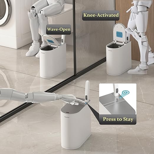 Small Automatic Trash Can with Lid and Disposable Toilet Brush Holder Set, Motion Sensor Trash Can 1.8 Gallon, Small Bathroom Garbage Can, Odor Filter, Touchless Stainless Steel Silver