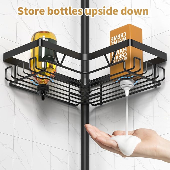 Tension Rod Shower Caddy Corner - Tension Pole Shower Caddy with 2 Towel Bars & Toothbrush Holder, Black Bathtub Organizers and Storage Corner Stainless Steel(Tall 25 to 114.2 Inches)