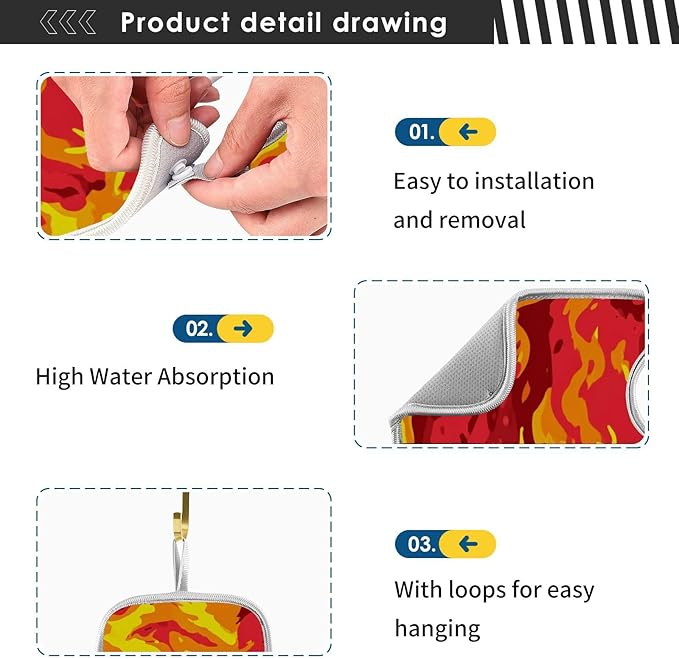 2 PCS Kitchen Sink Splash Guard 23.6 Inch Faucet Mat for Kitchen Sink Bathroom Sink Faucet Absorbing Drip Drain Mat Pad Microfiber Soft Washable Red and Yellow Flame