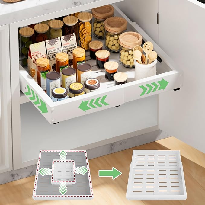 1 Pack Pull out Cabinet Organizer, Width (12"-19") Depth (17"-23"), with 3 Rails Adjustable Slide, Expandable Pullout Drawers for Cabinets, No Drill Adhesive Kitchen Drawers for Pantry Shelves
