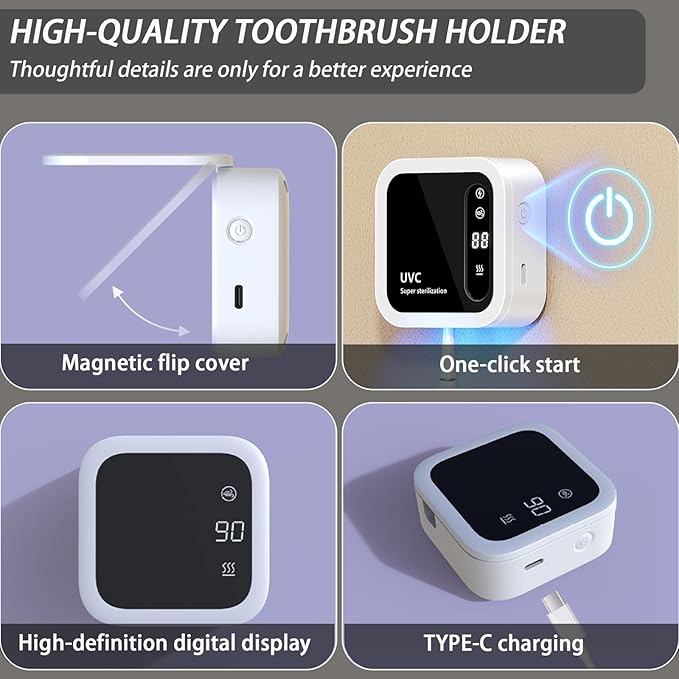 Toothbrush Holders for Bathrooms,Smart Cleaning and Constant Temperature Drying,LED Smart Screen,Rechargeable Wall-Mounted Toothbrush Holder,Travel Toothbrush Holder (White)