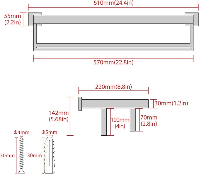 Alise Towel Rack with Double Towel Bars 24 Inch Towel Racks for Bathroom Wall Mounted,Bathroom Towel Holder Square Towel Hanger,SUS304 Stainless Steel Towel Shelf with Towel Bar,Brushed Nickel