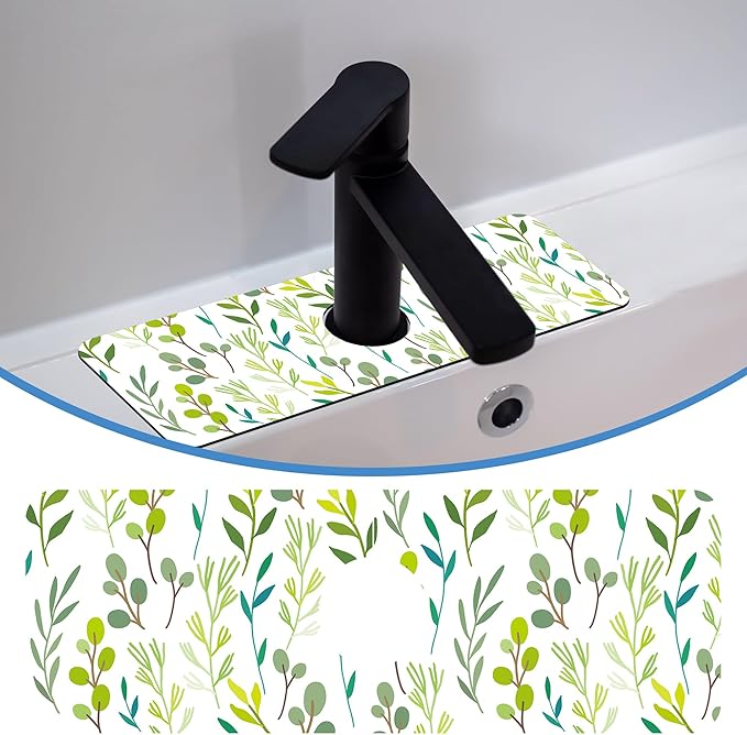 Faucet Mat for Kitchen Sink Color Art Leaves Grass, Soft Diatom Mud Material, Strong Water Absorption, Non-slip, Easy to Clean for Bathroom, Kitchen 15"X5.5"