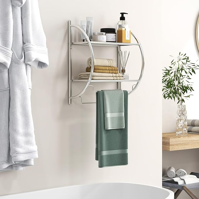 GOFLAME Wall Mounted Bathroom Shelf, 2-Tier Chrome Towel Rack with Leaky Design Shelves, Towel Bars, Chrome Bathroom Shelf for Living Room Kitchen Bathroom (1, Silver)