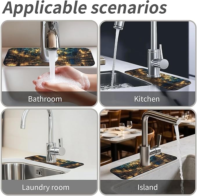 Kitchen Sink Splash Guard，Magical Library Faucet Mat Sink Gadgets-Super Absorbent Fast Drying Mat Drip Catcher for Kitchen, Bathroom,Sink Mat, Dish Drying Mat, Bathroom(15" X 5.5" )