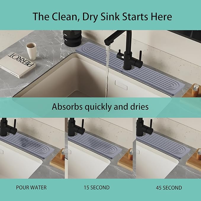 23.6 Inch Dark Gray Diatomite Faucet Mat, Super Absorbent Stone Tray Fast-Drying Sink Mat, Quick Dry Kitchen Splash Guard for Kitchen Sink/Bathroom Counter