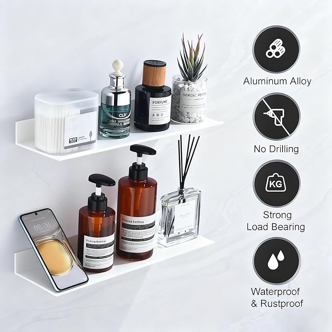 Adhesive Shower Shelves for Wall 2 Pack, White Metal Shower Caddy 40cm, Waterproof Bathroom Floating Shelves, Bathroom Storage Wall Shelf Organization