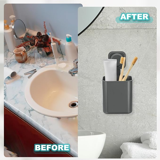 uxcell 1Pcs Suction Toothbrush Holder, 4" x 8" Wall Mounted Shower Caddy Organizer Cup for Tooth Brush, Toothpaste, Razors in Bathroom, Kitchen(Gunmetal Grey)