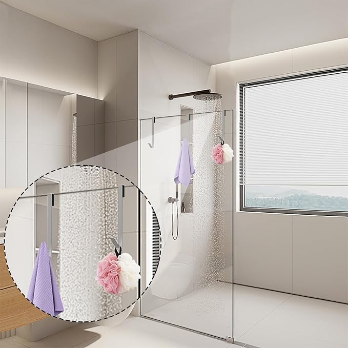Linone 10 in Shower Door Hooks, Towel Hooks for Bathrooms, Shower Hooks for Towels, Heavy Duty Drilling-Free Extended Over Door Towel Hooks for Frameless Glass Shower Door, 3 Pack