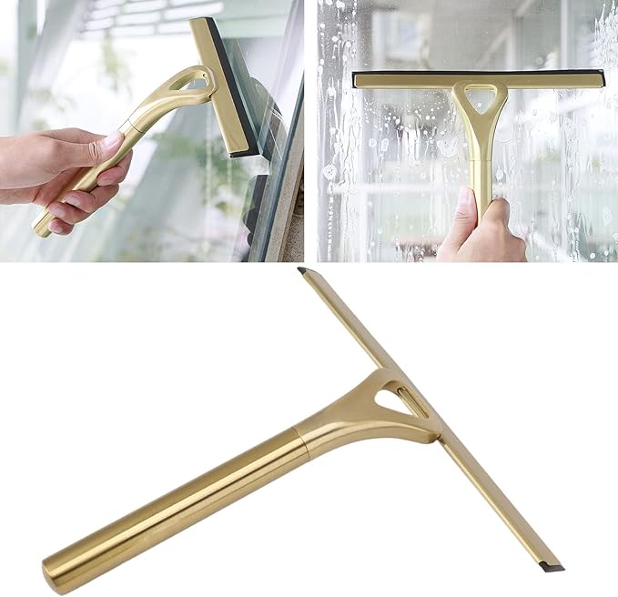 Shower Squeegee for Shower Doors, Stainless Steel Window Squeegees, Golden Elegant All-Purpose Wiper for Glass Doors Car Glass Bathroom Window Kitchen Mirror