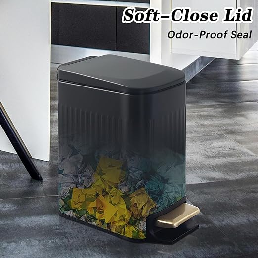 Soddeph Small Narrow Bathroom Trash Can with Lid Bathroom,1.6 Gallon Stainless Steel Wastebasket with Lid Soft Close,Slim Trash Can with Removable Inner Bucket for Toilet, Bedroom,Office (Black)