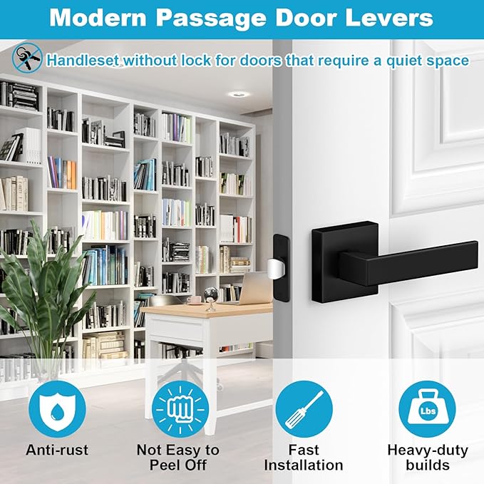 Estmoon 6 Pack Door Handles Matte Black - Passage Door Knobs Interior Square Door Levers, Heavy Duty Non-Locking Leversets Hall Closet Handles, Reversible for Right & Left Sided Doors