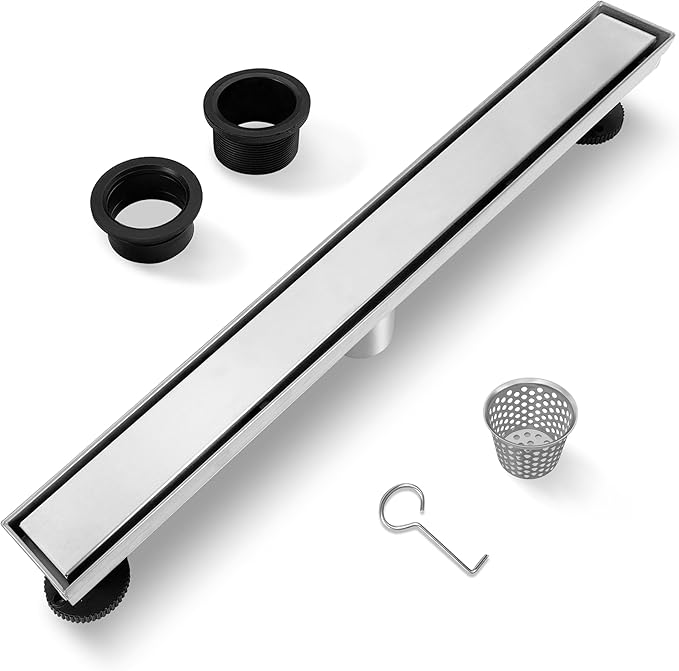 Linear Shower Drain 24 Inch, Brushed Floor Drain with Removable SUS304 Stainless Steel CUPC Certificate and 2-in-1 Tile Insert Grate Cover
