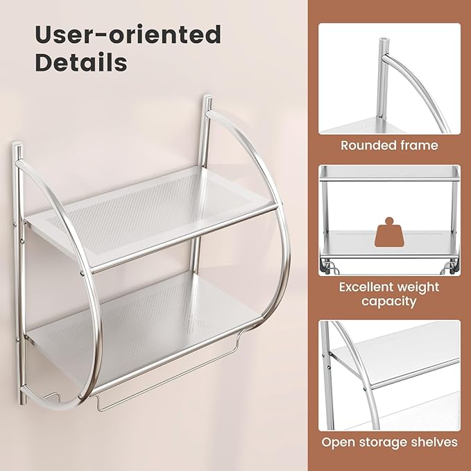 GOFLAME Wall Mounted Bathroom Shelf, 2-Tier Chrome Towel Rack with Leaky Design Shelves, Towel Bars, Chrome Bathroom Shelf for Living Room Kitchen Bathroom (1, Silver)