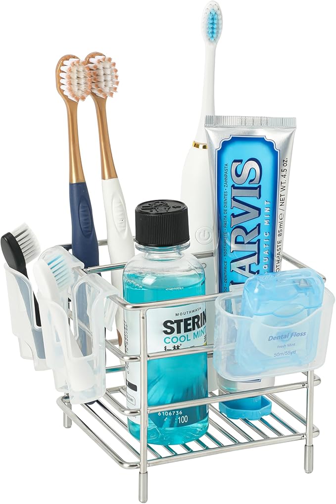 T.R.Sani. Electric Toothbrush Holders for Bathrooms, Stainless Steel Tooth Brush Holder and Kids Toothpaste Holder with 3 Slots, Miltipurpose Organizer for Shower, Vanity, Office Desk - Silver