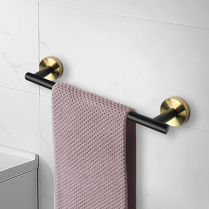 NearMoon Bath Towel Bar, Thicken Stainless Steel Shower Towel Rack Holder Wall Mounted for Bathroom,16-lnch Overall Length-13-lnch Usable Hanging Space (1 Pack, Matte Black & Gold)