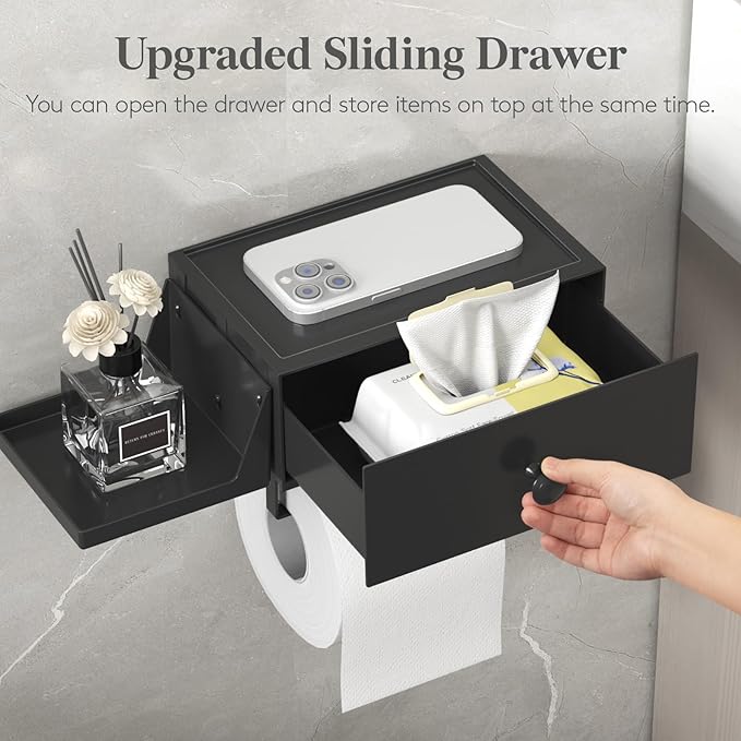 Lifewit Toilet Paper Holder with Shelf and Drawer, Screw or Adhesive Wall Mount Tissue Roll Storage, Dustproof & Flushable Bathroom Wipes Dispenser Organizer, Black, 2 Pack