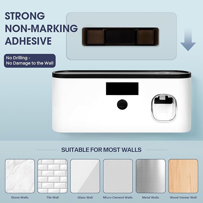 Toothbrush Sterilizer Holder Wall-Mounted | USB Rechargeable Automatic Toothpaste Dispenser, 5-Slot Bathroom Organizer with LED Display (Large)