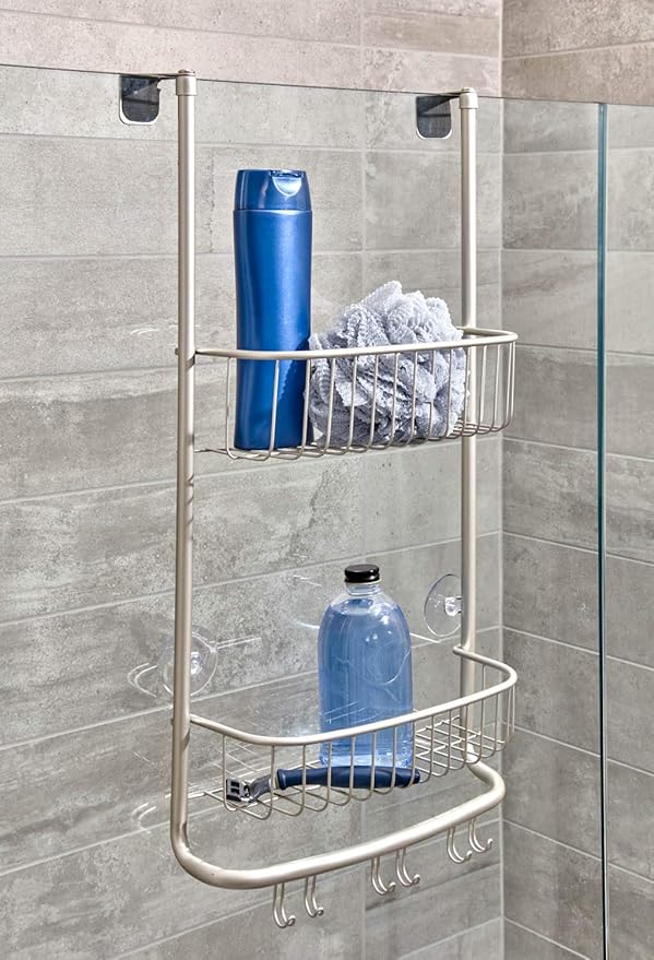 iDesign Forma Bathroom Over The Door Shower Caddy with Storage Baskets Shelves for Shampoo, Conditioner, Soap, Set of 1, Satin