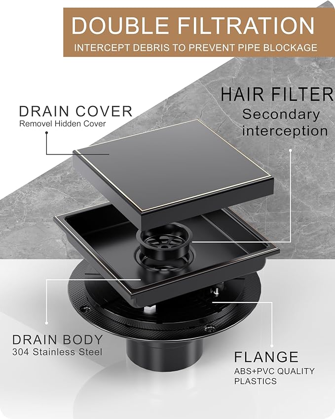 6 Inch Square Shower Drain with Flange Reversible 2-in-1 Cover Tile Insert Grate SUS 304 Stainless Steel, Hair Catcher, Anti-Clog, Rust-Resistant, Fast Drainage (Oil Rubbed Bronze)