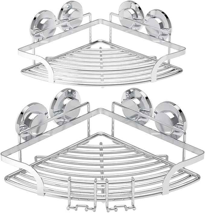 TAILI 2 Pack Powerful Suction Cup Corner Shower Caddy, Stainless Steel Rustproof Shower Shelf with Hook, Drill-Free Wall Mounted Basket, Large Capacity Removable Suction Cup Bathroom Organizer, Silver