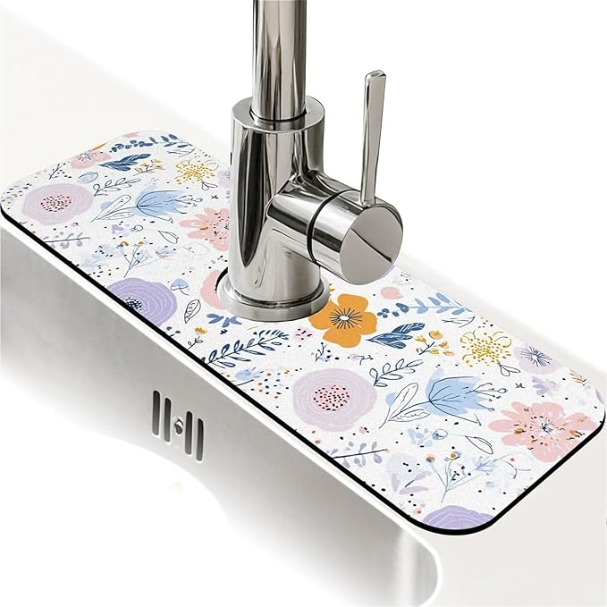 Kitchen Sink Splash Guard，Spring flowers Faucet Mat Sink Gadgets-Super Absorbent Fast Drying Mat Drip Catcher for Kitchen, Bathroom,Sink Mat, Dish Drying Mat, Bathroom(15" X 5.5" )