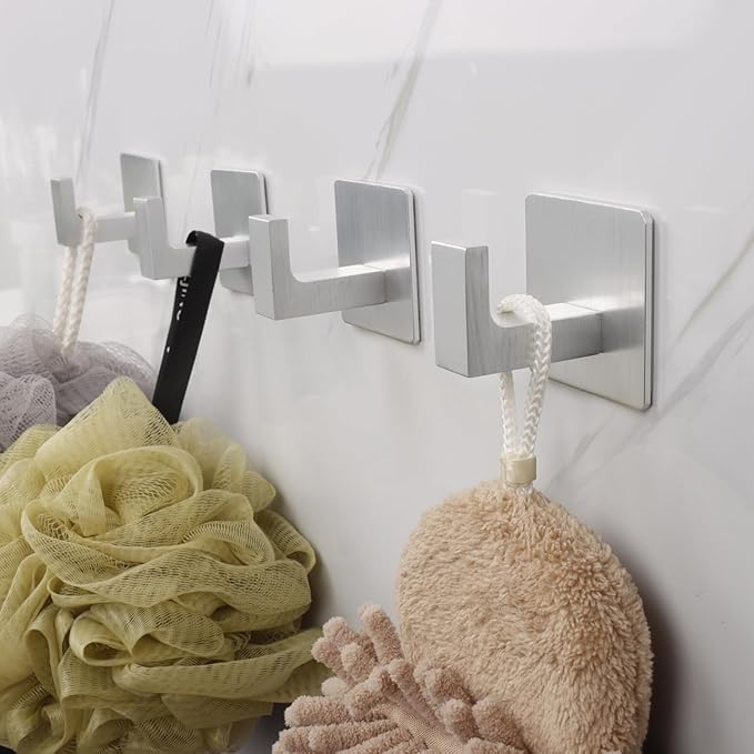 Bath Towel Hooks, 6 Pack Self Adhesive Square Coat Hooks, Sturdy No Drilling Robe Hook, Heavy Duty Aluminum Clothes Hanger, Wall Hooks for Bathroom Bedroom Kitchen (2 in, Silver)