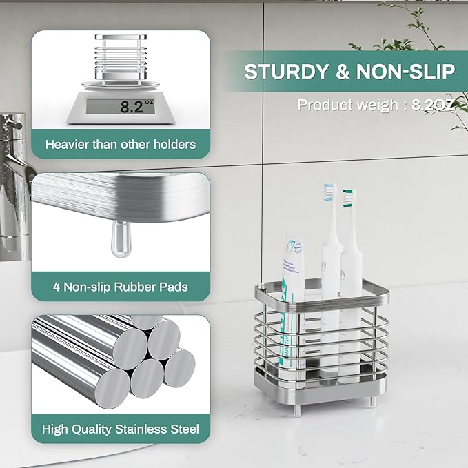 Countertop Toothbrush Holder for Bathroom, Stainless Steel Electric Tooth Brush Stand Storage Organizer with Drainage, Kids Toothpaste Holder Caddy, Silver Bathroom Sink Accessories Decor