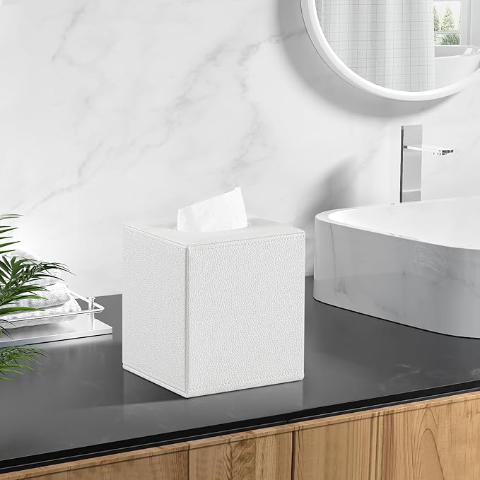 PU Leather Tissue Box Cover Square Tissue Box Holder with Magnetic Closure, Decorative Tissue Holder for Bathroom Bedroom Office (White)