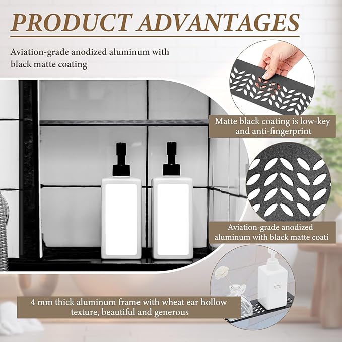 1 Pcs Aluminum Shower Niche Rectangular Shelf Black 5/32"/ 4 mm Thick, Petal Design, Matte Black Finish for 12" Prefabricated Niches, Fits 5/32" Grout Line