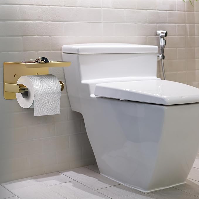 Brushed Gold Toilet Paper Holder with Shelf, SUS304 Stainless Steel Wall Mounted, Dual Installation Adhesive or Screw, Rustproof Modern Bathroom Tissue Roll Holder - 2 Pack