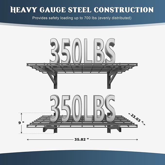2 Pack Heavy Duty Garage Wall Shelving Set, 2x3ft, Black, Wall Mounted, Traditional Style, 2 Shelves, 700lbs Capacity
