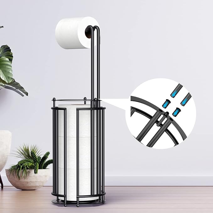 Meangood Toilet Paper Holder Stand and Tissue Paper Roll Dispenser for 4 Mega Rolls, Bathroom Free Standing Tissue Roll Storage Holder Rack,Detachable (Black)