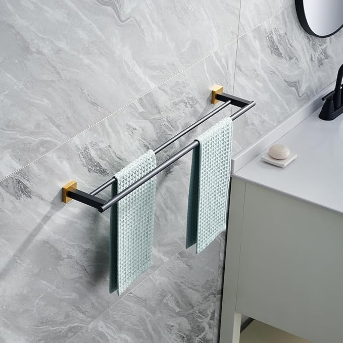 Miyili Double Towel Bar 30-Inch Stainless Steel Bathroom Towel Rack Holder Wall Mount Black & Gold, A02BG75B