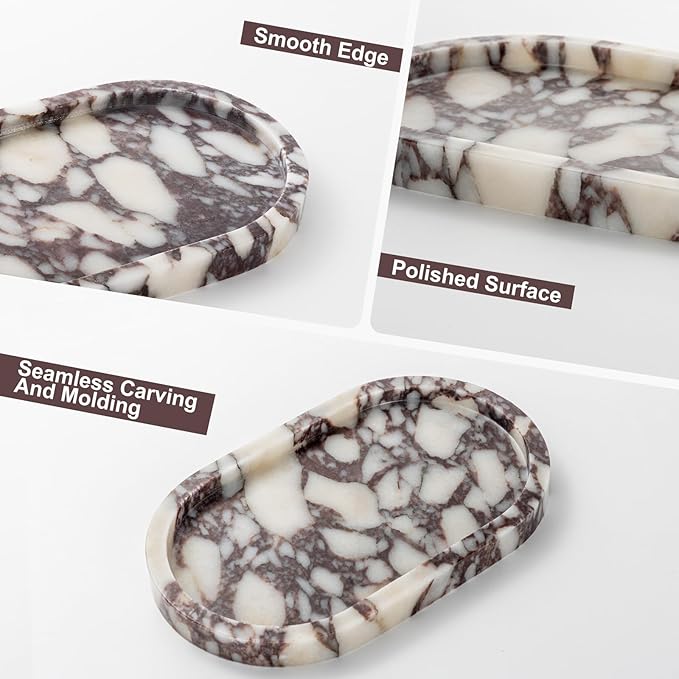 Natural Calacatta Viola Marble Tray 10"x6" - Non-Resin Bathroom Vanity Organizer & Kitchen Decor | Waterproof Oval Stone Serving Dish (Purple Portoro)