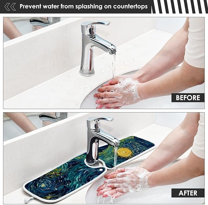 Sink Faucet Absorbing Mat Kitchen Sink Splash Guard Splash Faucet Drip Catcher for Bar RV Bathroom 2PCS 14.9x5.5in Starry Night Sky Swirling Neon Blue