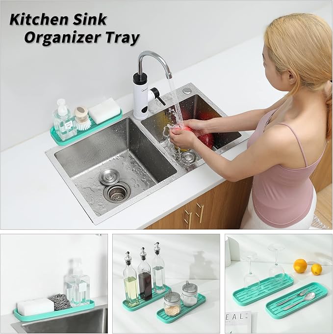 Silicone Kitchen Sink Organizer Tray for Multiple Usage,Eco-Friendly Sponges Holder for Kitchen Bathroom Counter or Sink,Dish Soap Dispenser,Scrubber,Bottle,Cup (Mint, 12"×4")