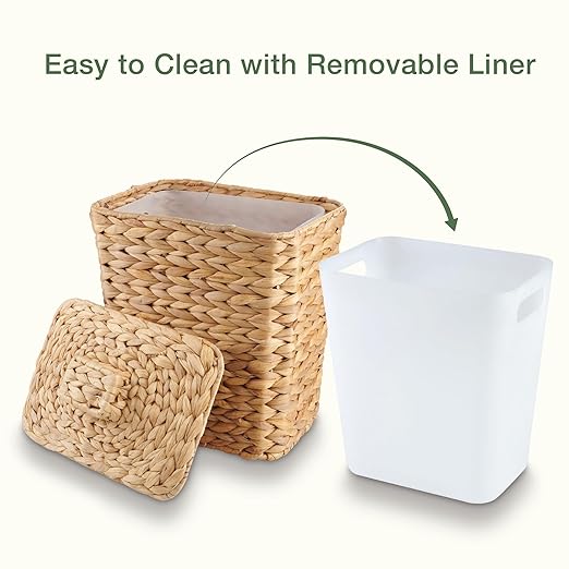 Wicker Trash Can with Lid and Liner - Rattan Trash Can for Bathroom - Decorative Wicker Waste Basket for Bedroom, Kitchen and Office (Natural Hyacinth)