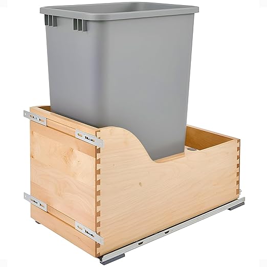Rev-A-Shelf Pullout Trash Can for Kitchen Cabinet, Single 50 Qt Bin with 12" Wood Frame - Large Garbage Bin Container for Home Waste Storage and Recycling