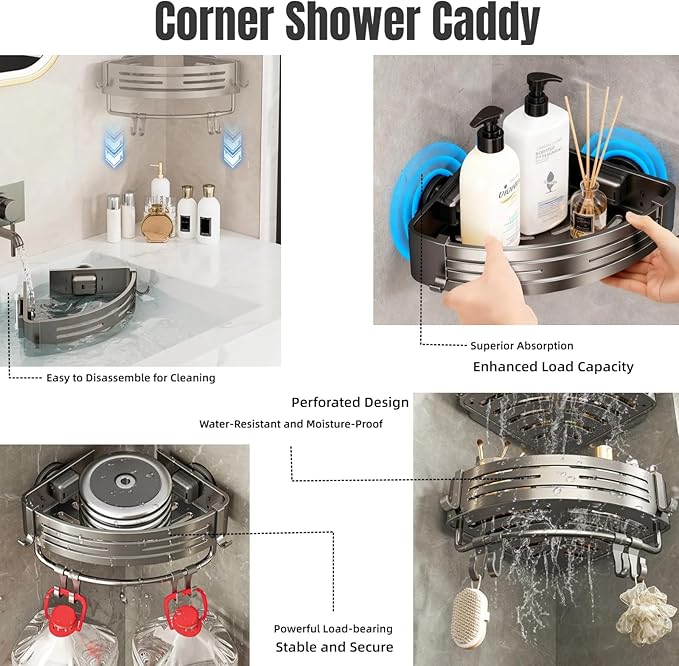 2Pcs Corner Shower Shelf Caddy Suction Cup, No Drill Hole with Towel Bar and Hook, Gray Bathroom Storage Rack, Zero Drill Triangle Shelves, Store Toiletries and Bath Towel for Bathroom Kitchen RV